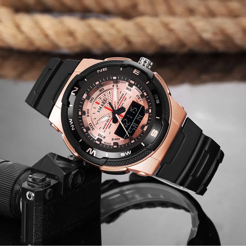 SMAEL Men&#39;s Sports Watch Quartz Digital Waterproof Led Electronics Casual Men Watches Dual Time Display Chronograph Wristwatches