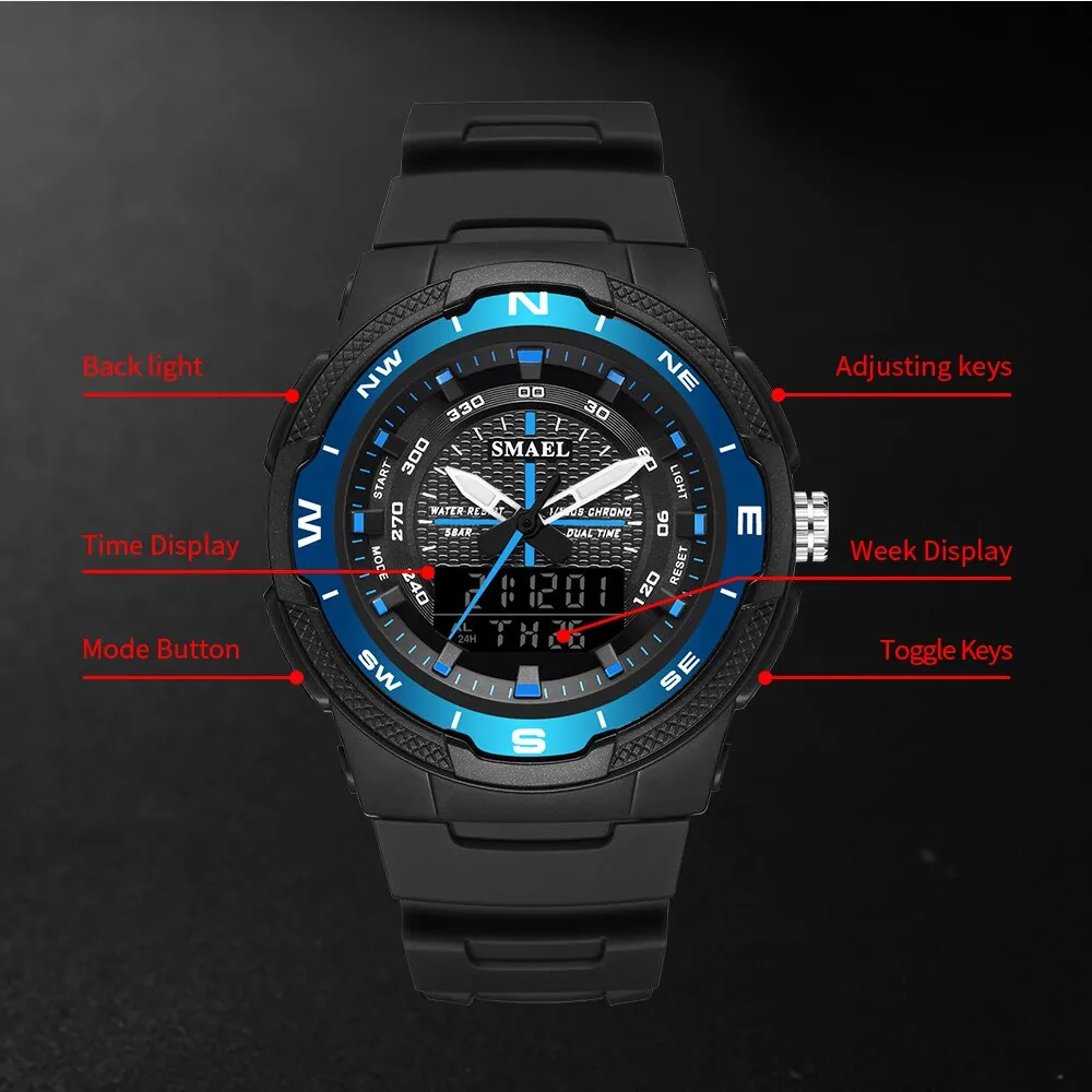 SMAEL Men&#39;s Sports Watch Quartz Digital Waterproof Led Electronics Casual Men Watches Dual Time Display Chronograph Wristwatches