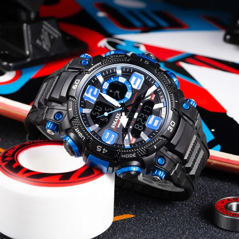SMAEL Sport Watch Men Quartz Electronic Watches Waterproof 5Bar Dual Time Men Military Watches Shock Resistant Alarm Clock