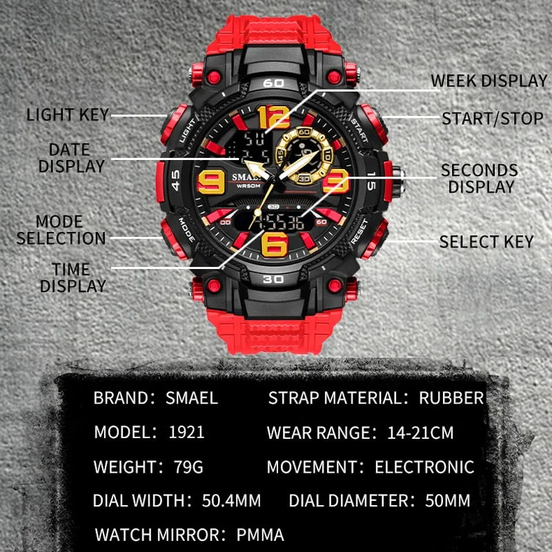 SMAEL Sport Watch Men Quartz Electronic Watches Waterproof 5Bar Dual Time Men Military Watches Shock Resistant Alarm Clock