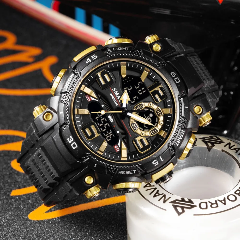 SMAEL Sport Watch Men Quartz Electronic Watches Waterproof 5Bar Dual Time Men Military Watches Shock Resistant Alarm Clock