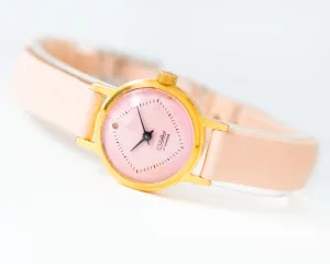Soft pink women watch gold plated Glory vintage classic, dainty lady watch accessory gift, minimalist girl watch new premium leather strap