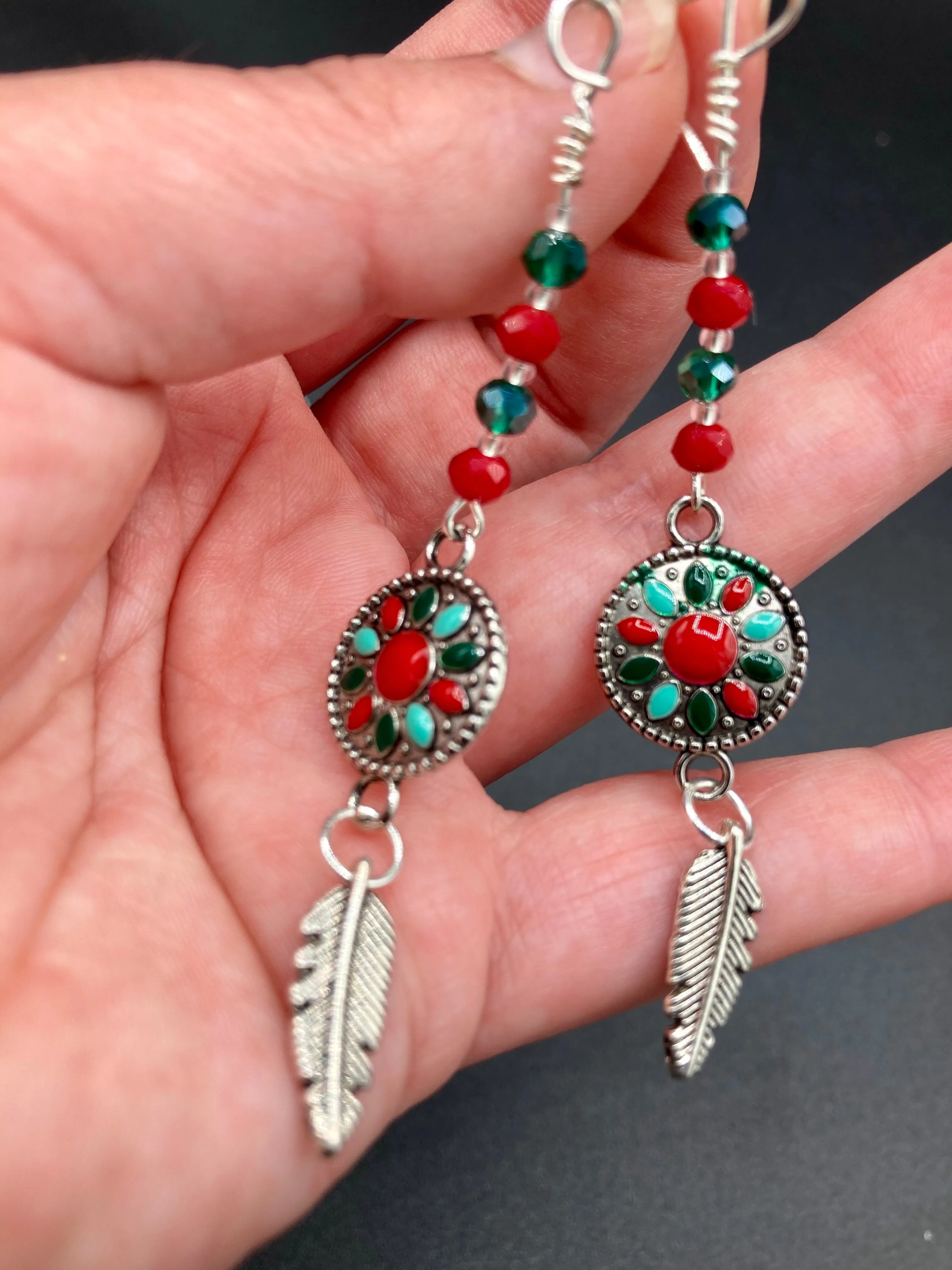 Southwest La India Princesa Silver Feather Light Dainty Beaded Earrings, Mexican Chicana Chingonas Aretes, Native Tribal Pattern Inspired