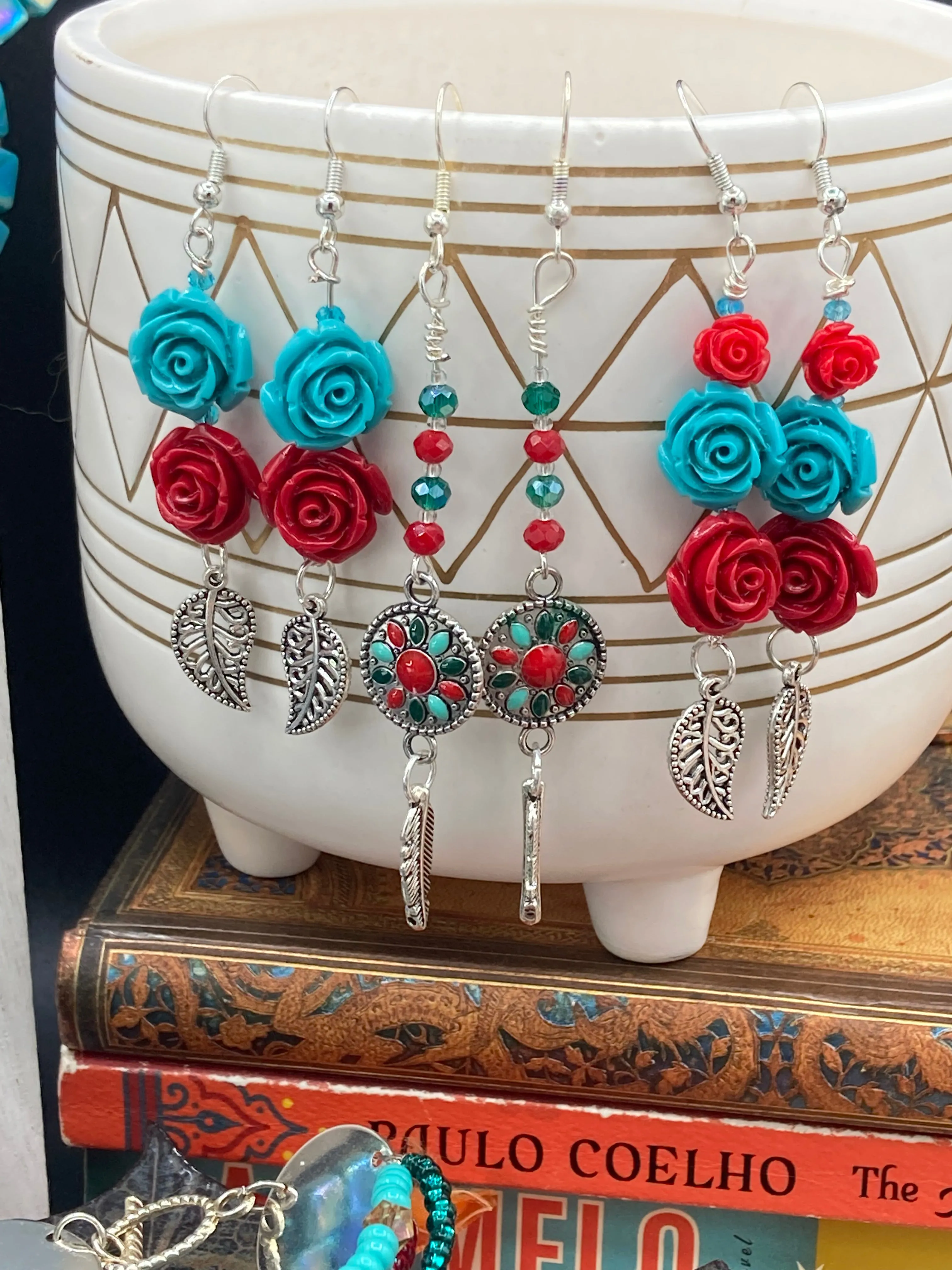 Southwest La India Princesa Silver Feather Light Dainty Beaded Earrings, Mexican Chicana Chingonas Aretes, Native Tribal Pattern Inspired