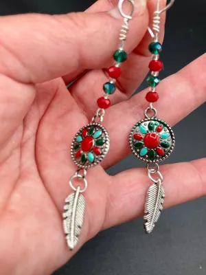 Southwest La India Princesa Silver Feather Light Dainty Beaded Earrings, Mexican Chicana Chingonas Aretes, Native Tribal Pattern Inspired