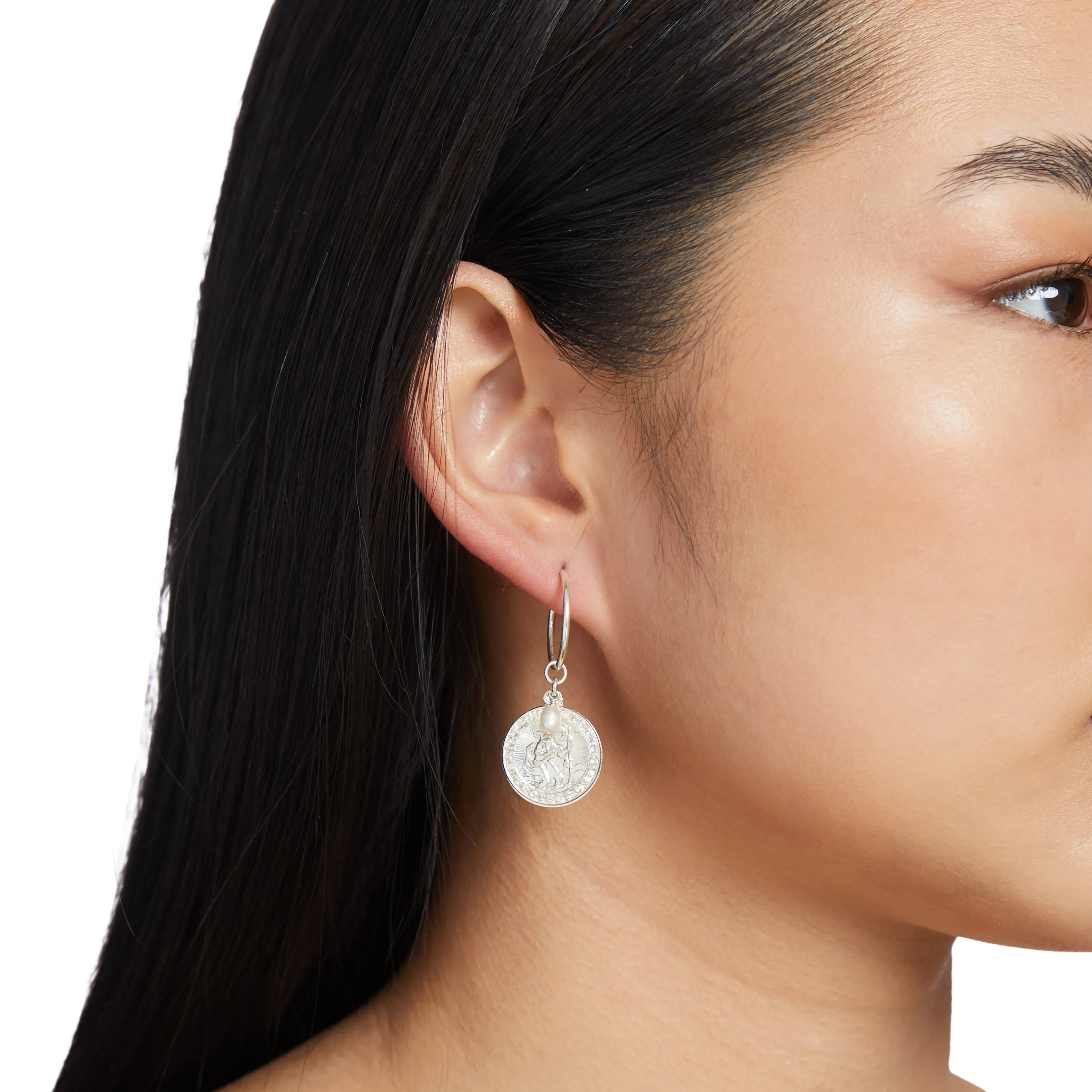 St Christopher Freshwater Pearl Hoop Earrings - Sterling Silver
