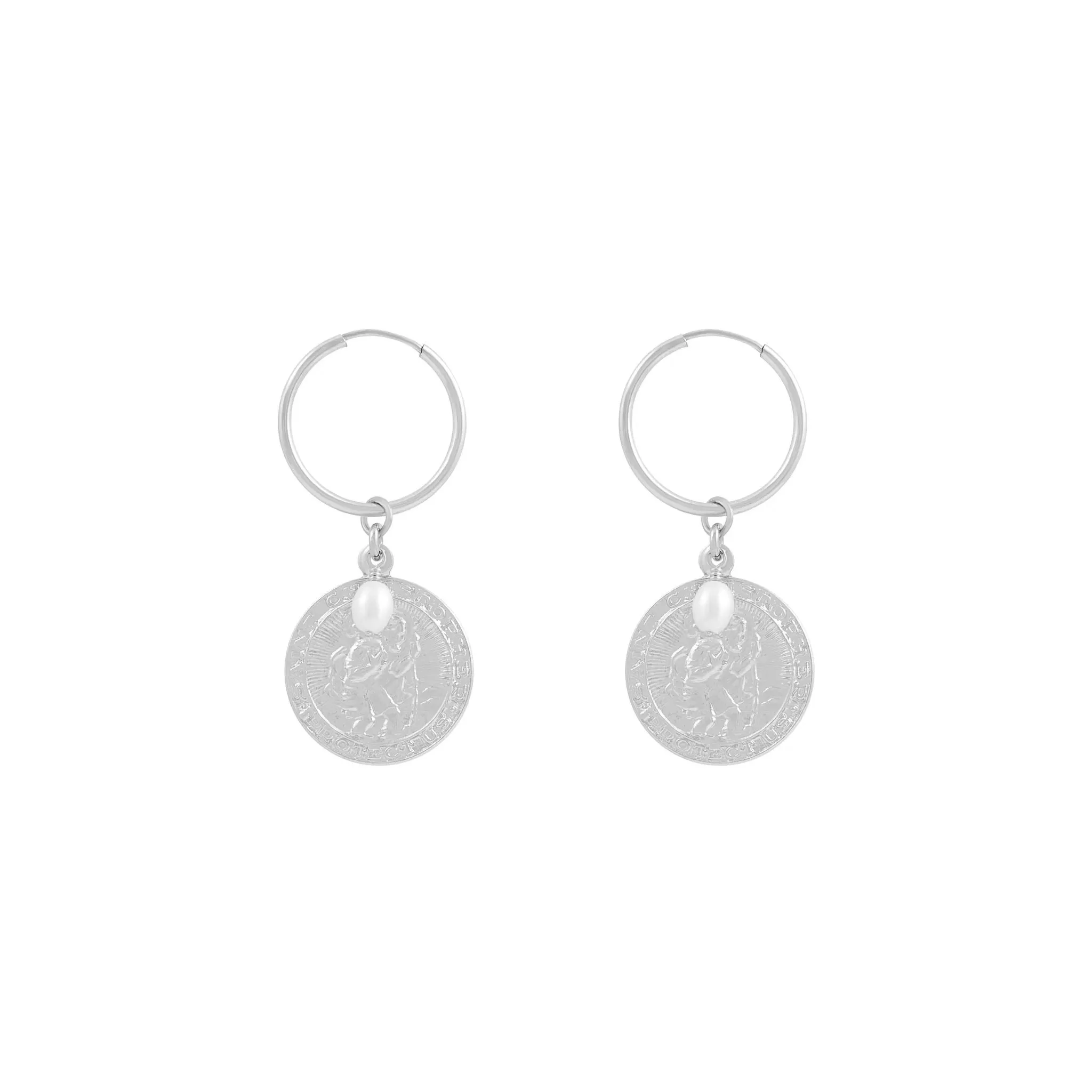 St Christopher Freshwater Pearl Hoop Earrings - Sterling Silver
