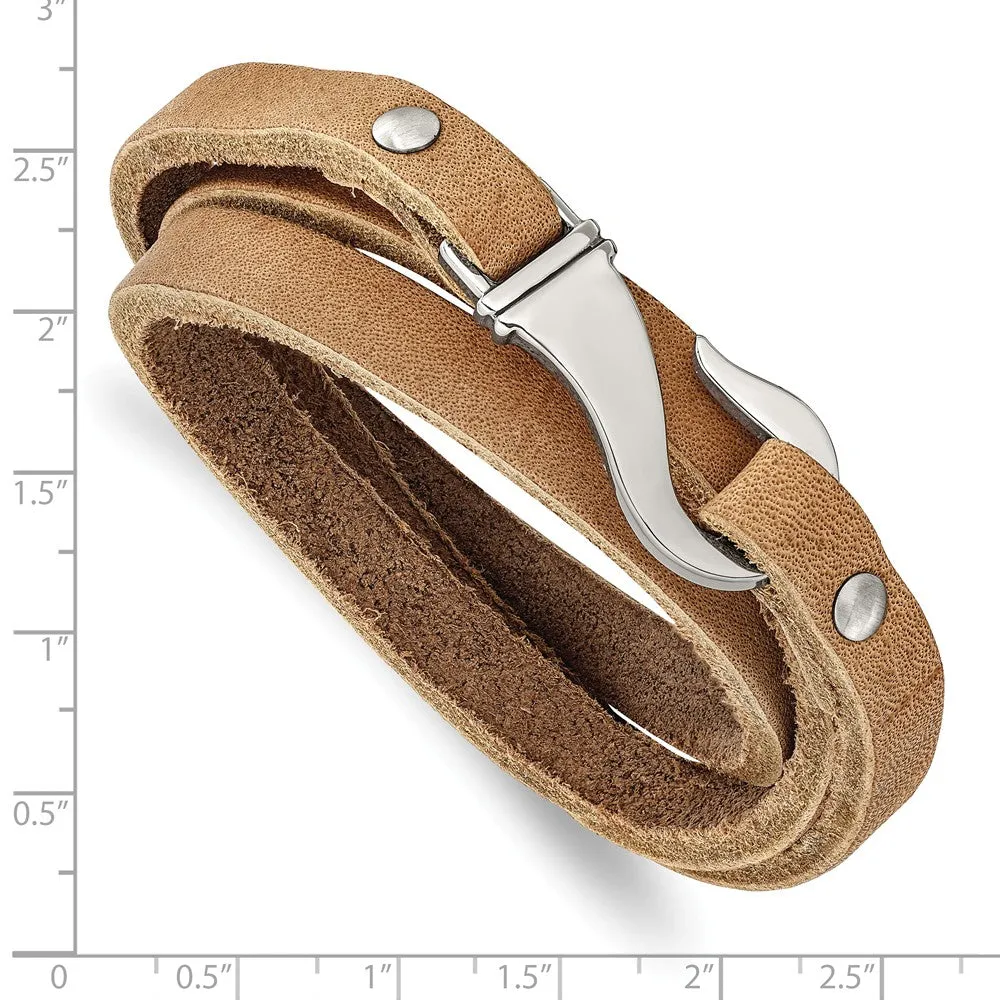 Stainless Steel Light Brown Leather Wrap Bracelet