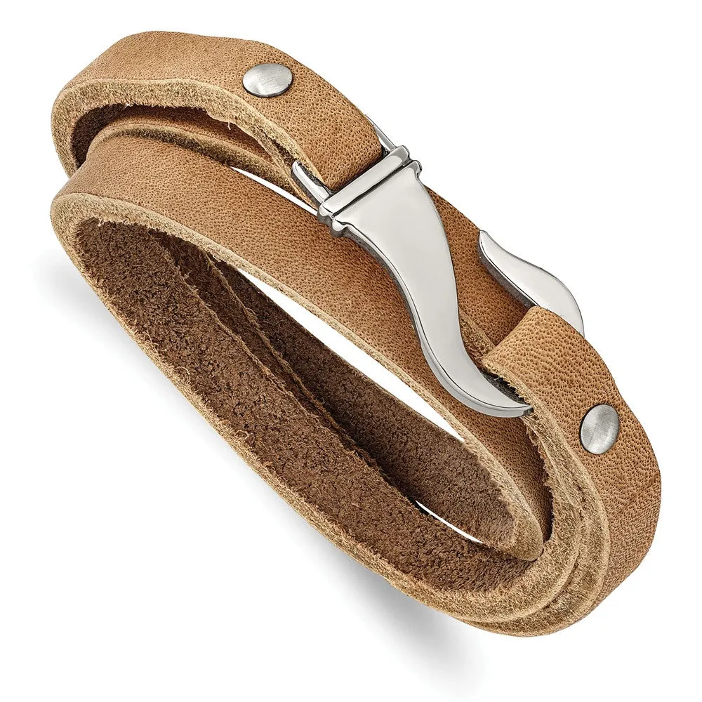 Stainless Steel Light Brown Leather Wrap Bracelet