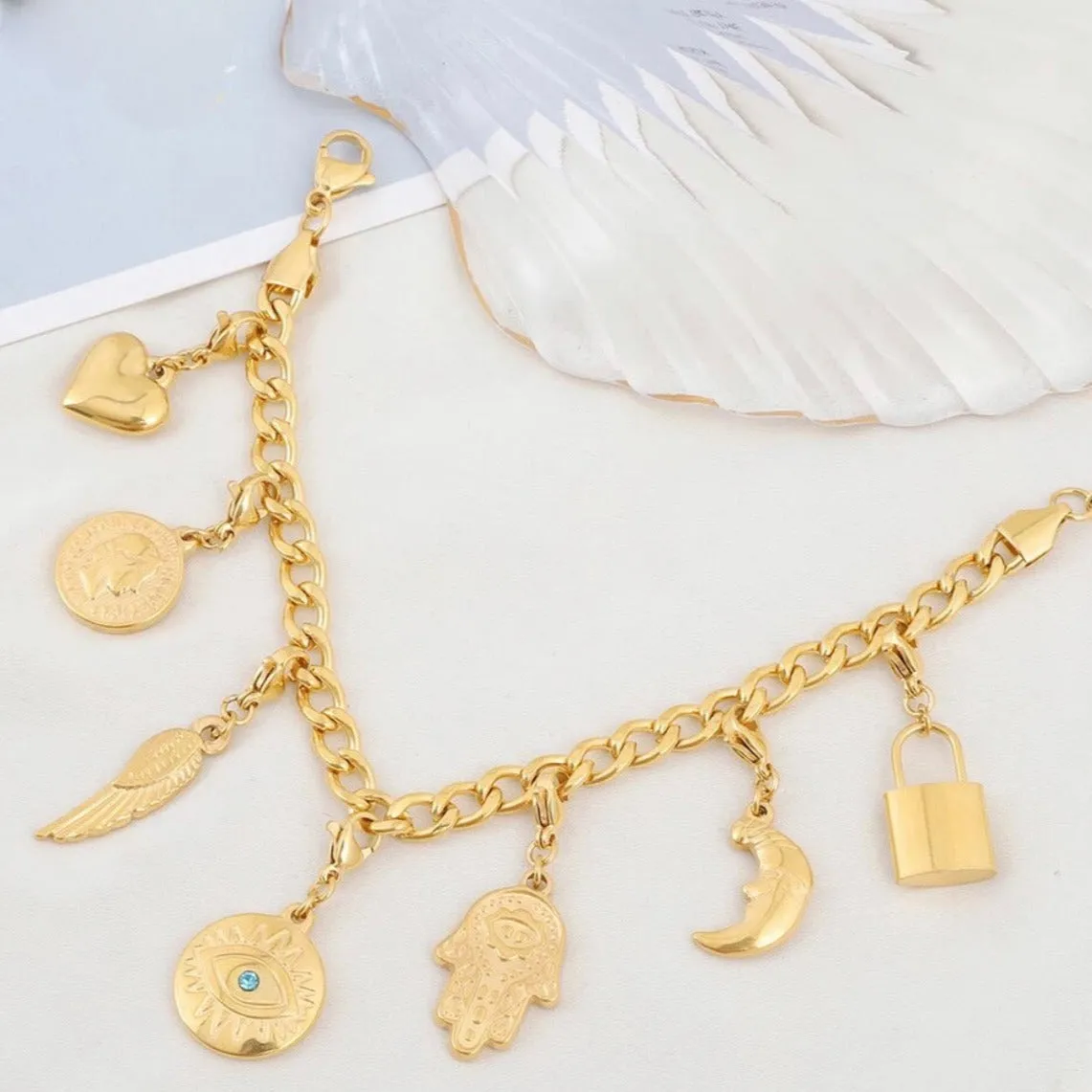 Stainless Steel Multi Pendant Bracelet - Gold