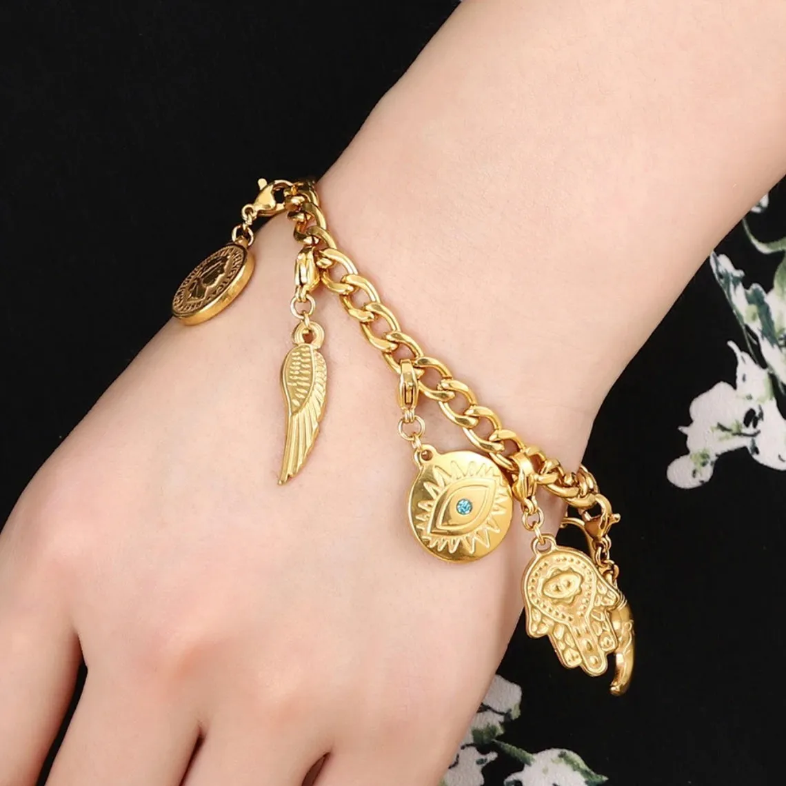 Stainless Steel Multi Pendant Bracelet - Gold