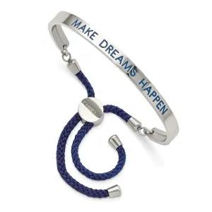 Stainless Steel Polished Blue Enamel & Nylon DREAMS HAPPEN Adj Bangle
