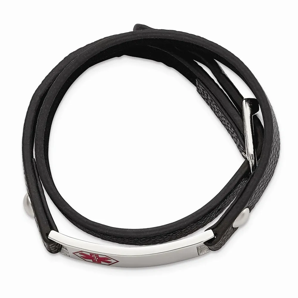 Stainless Steel Polished Enamel Leather Wrap Medical Adj Bracelet