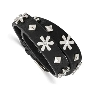 Stainless Steel Polished w/Swarovski Flower Studded Leather Adj. Bracelet