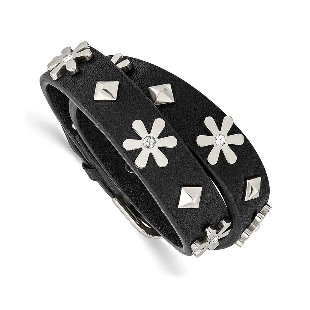 Stainless Steel Polished w/Swarovski Flower Studded Leather Adj. Bracelet