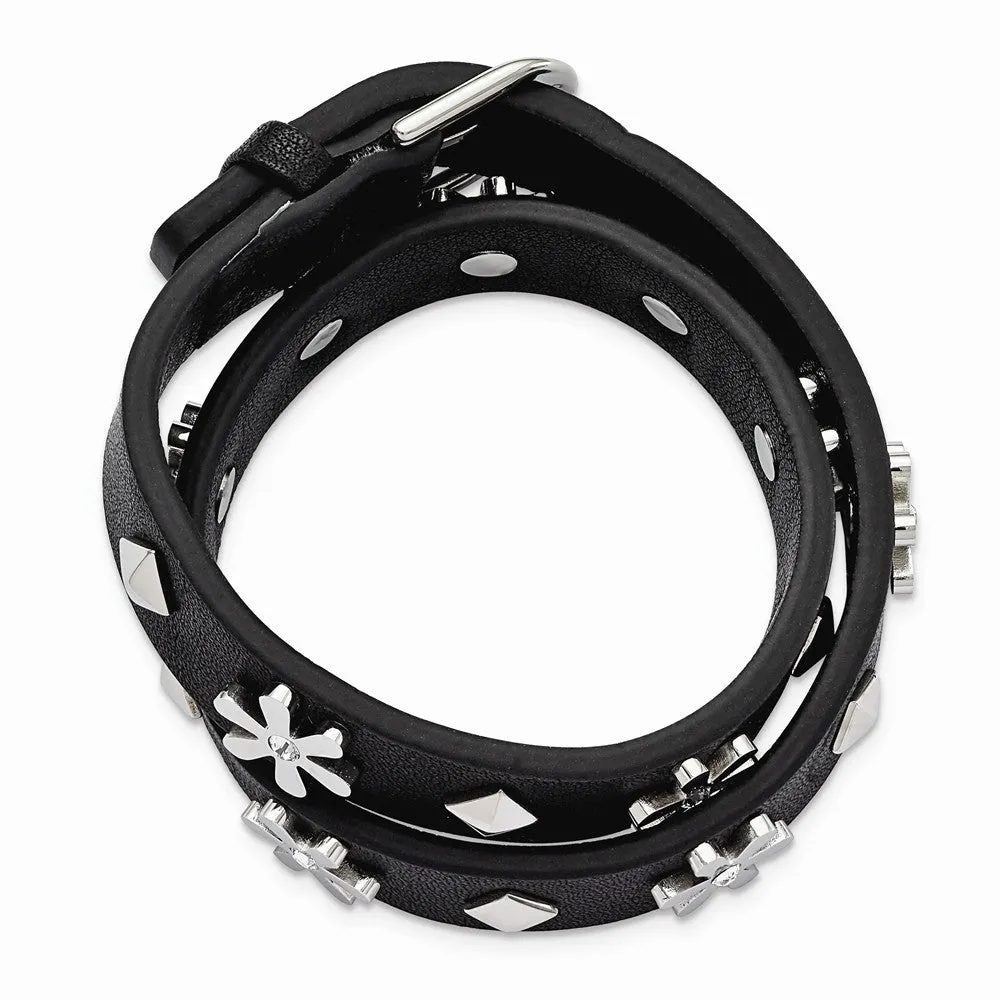 Stainless Steel Polished w/Swarovski Flower Studded Leather Adj. Bracelet