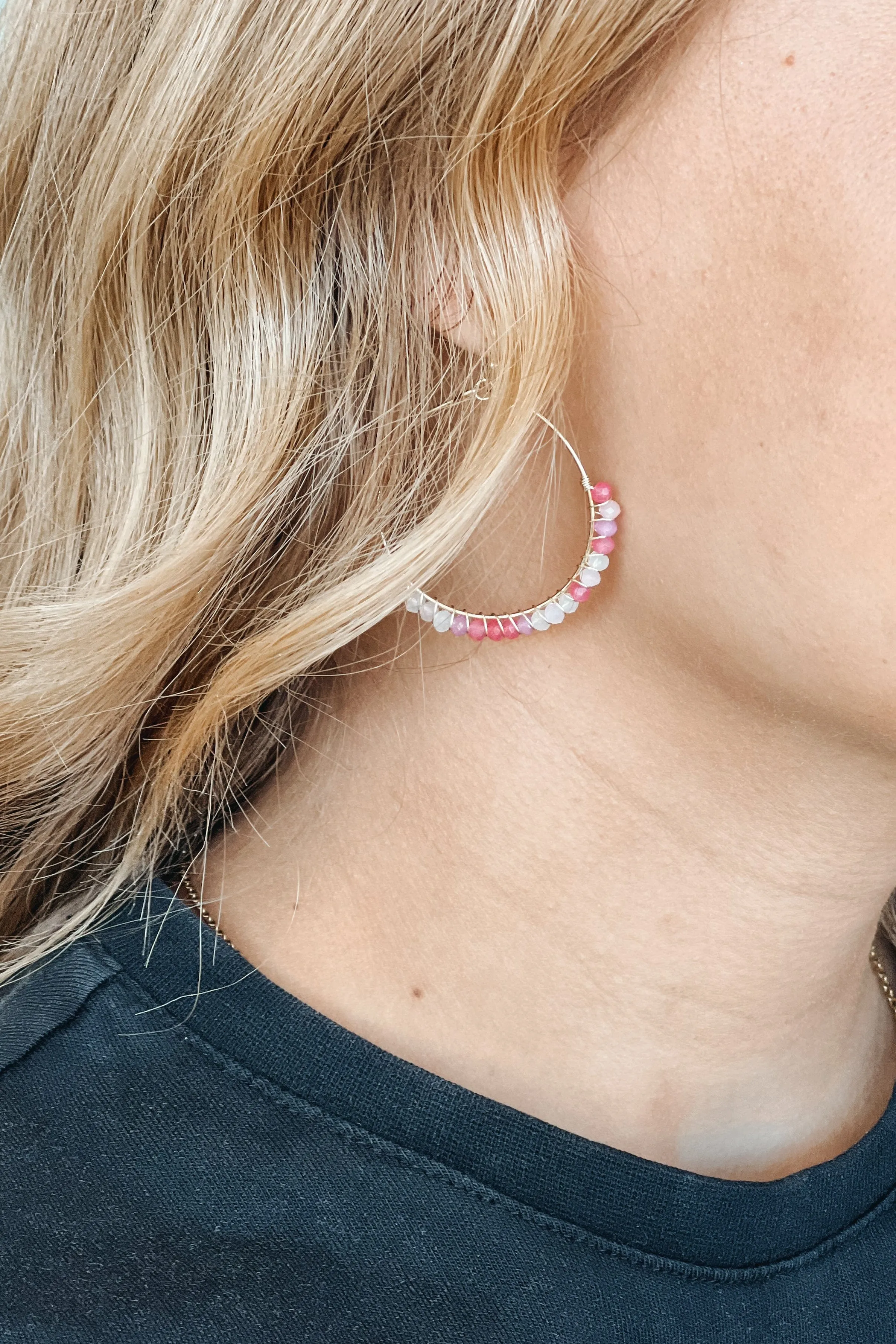 Star Of The Evening Hoop Earrings- Pink