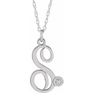 Sterling Silver .02 CT Diamond Script Initial S 16-18" Necklace