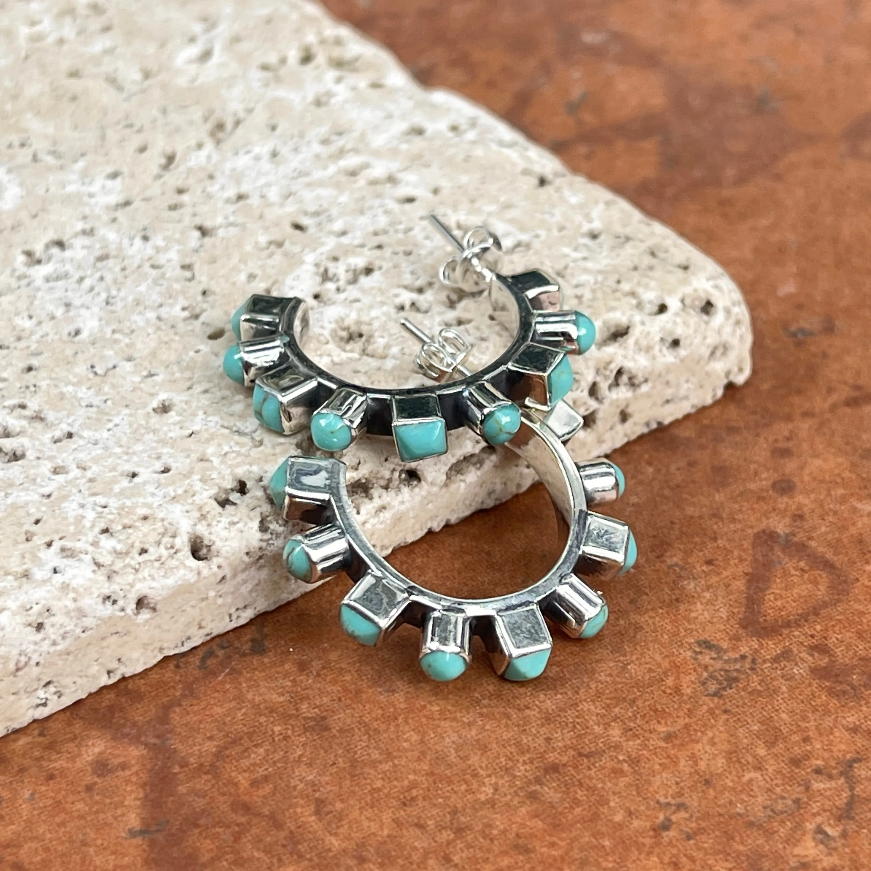 Sterling Silver Bezel-Set Arizona Turquoise Beaded Hoop Earrings