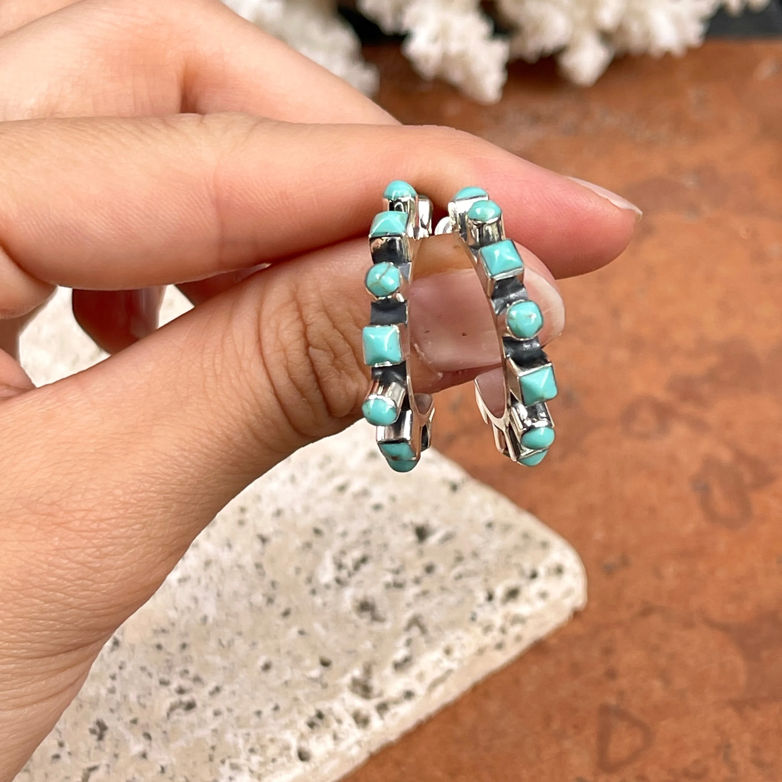 Sterling Silver Bezel-Set Arizona Turquoise Beaded Hoop Earrings