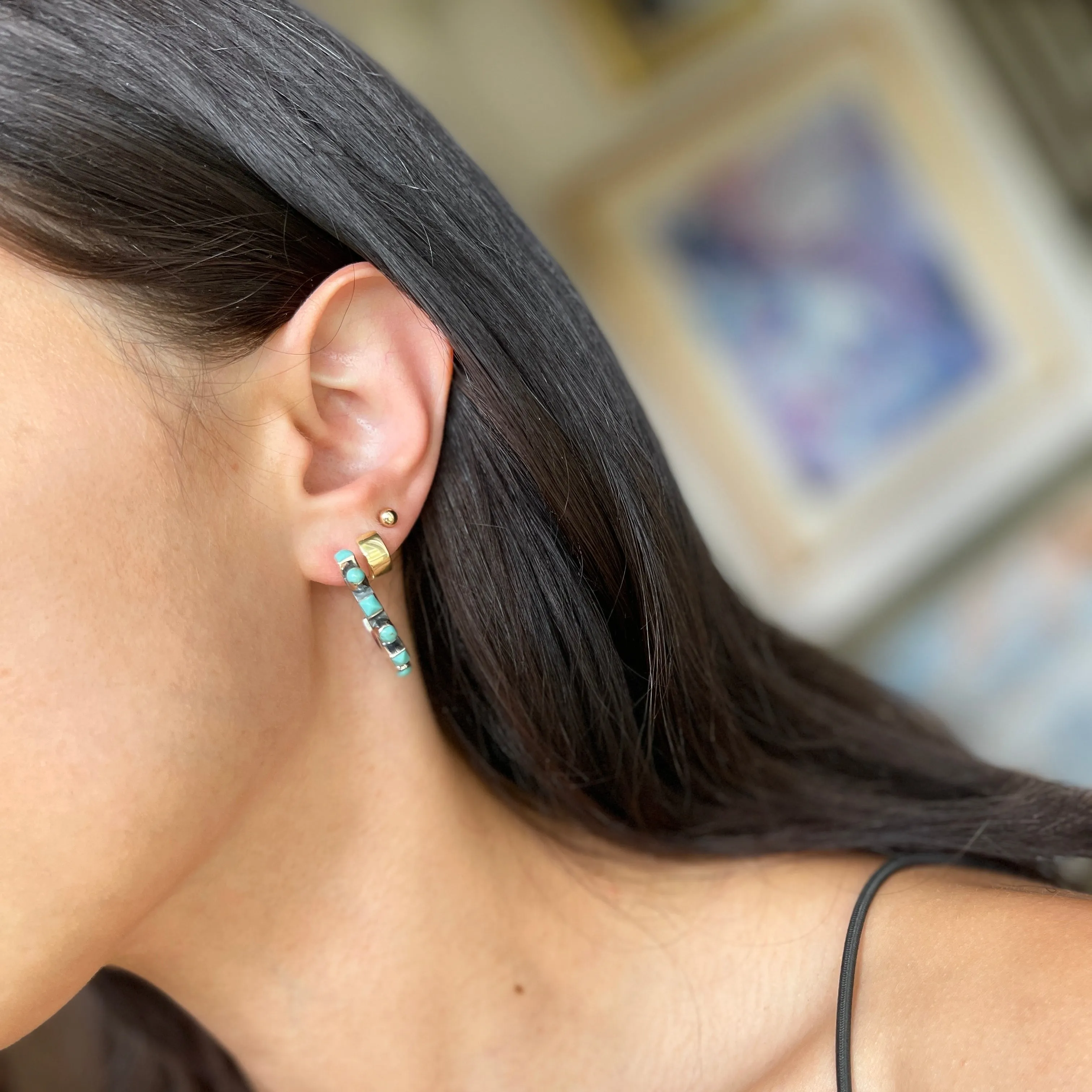 Sterling Silver Bezel-Set Arizona Turquoise Beaded Hoop Earrings