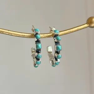 Sterling Silver Bezel-Set Arizona Turquoise Beaded Hoop Earrings