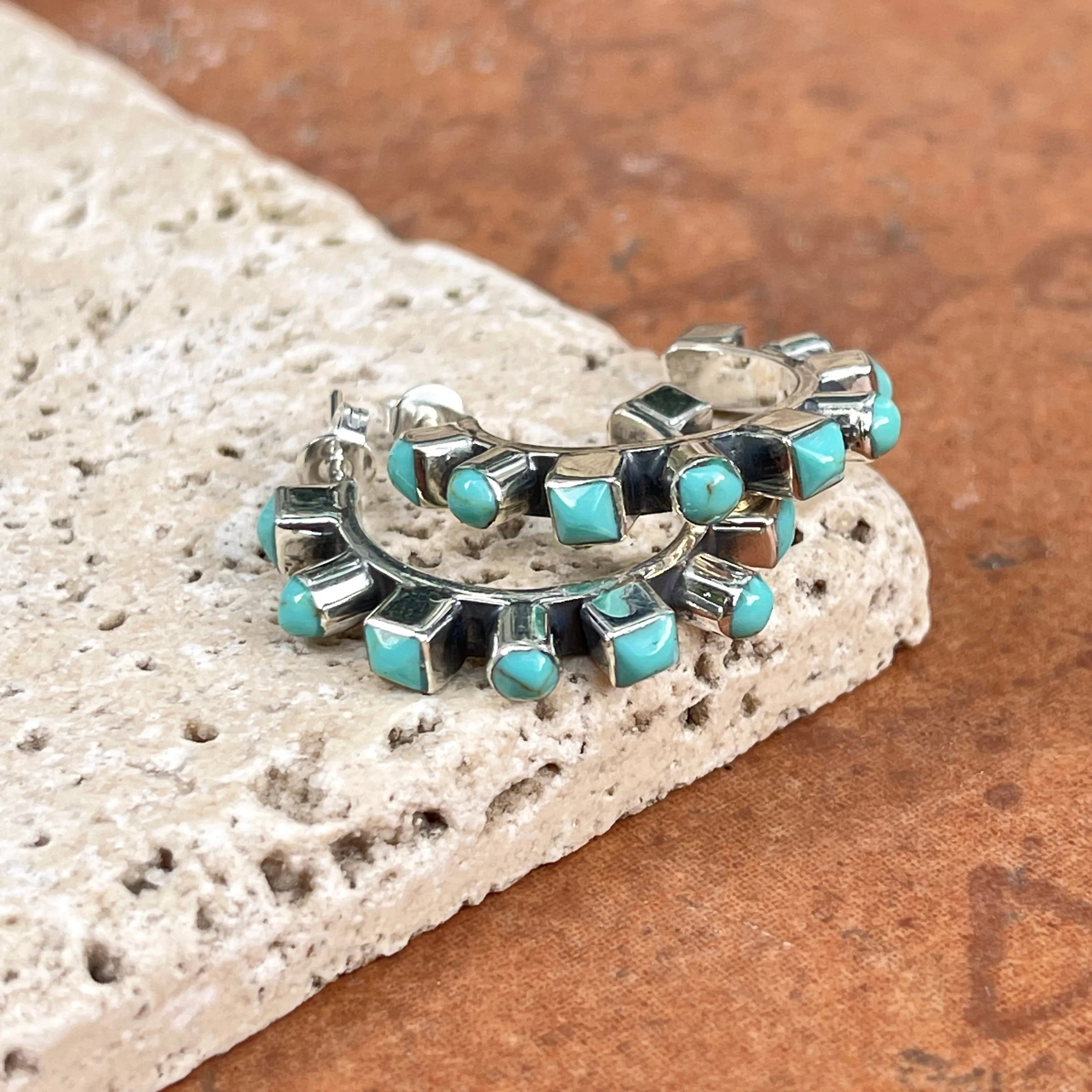 Sterling Silver Bezel-Set Arizona Turquoise Beaded Hoop Earrings