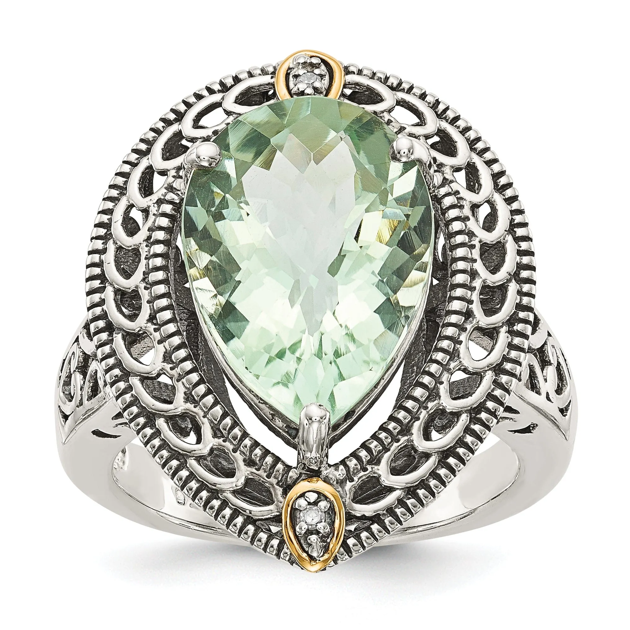Sterling Silver Gold Diamond Green Quartz Ring