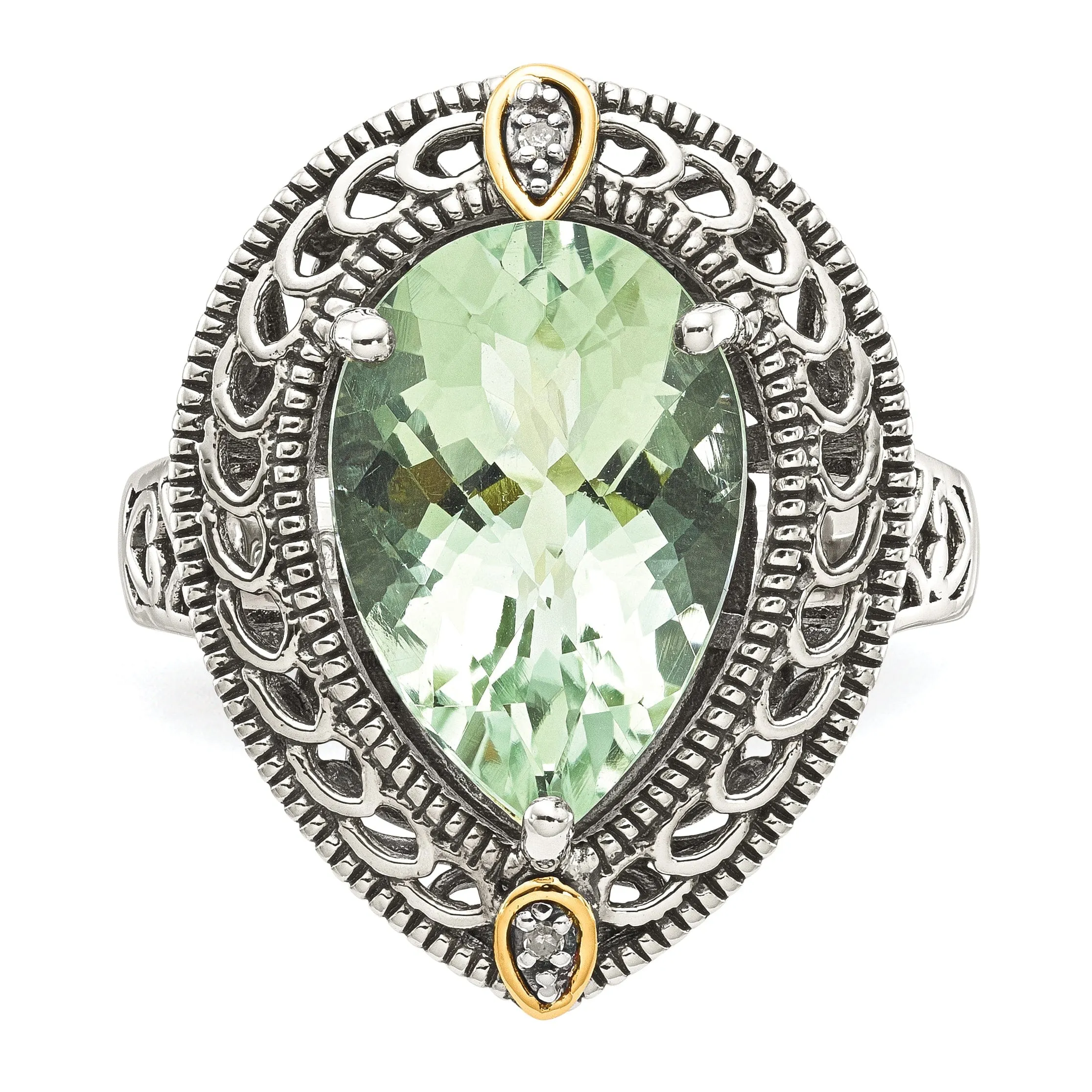 Sterling Silver Gold Diamond Green Quartz Ring