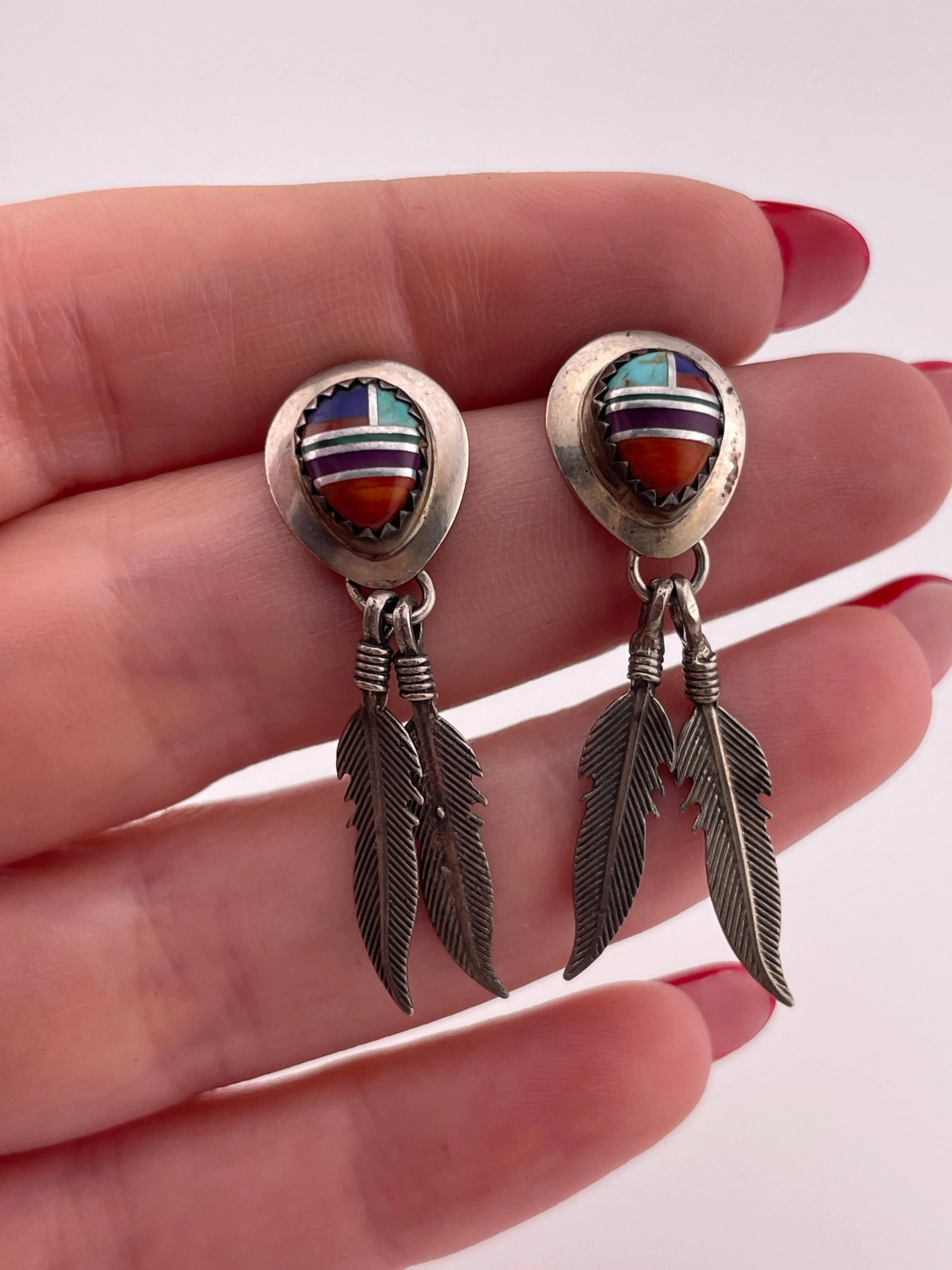 sterling silver multi-stone inlay feather post dangle earrings