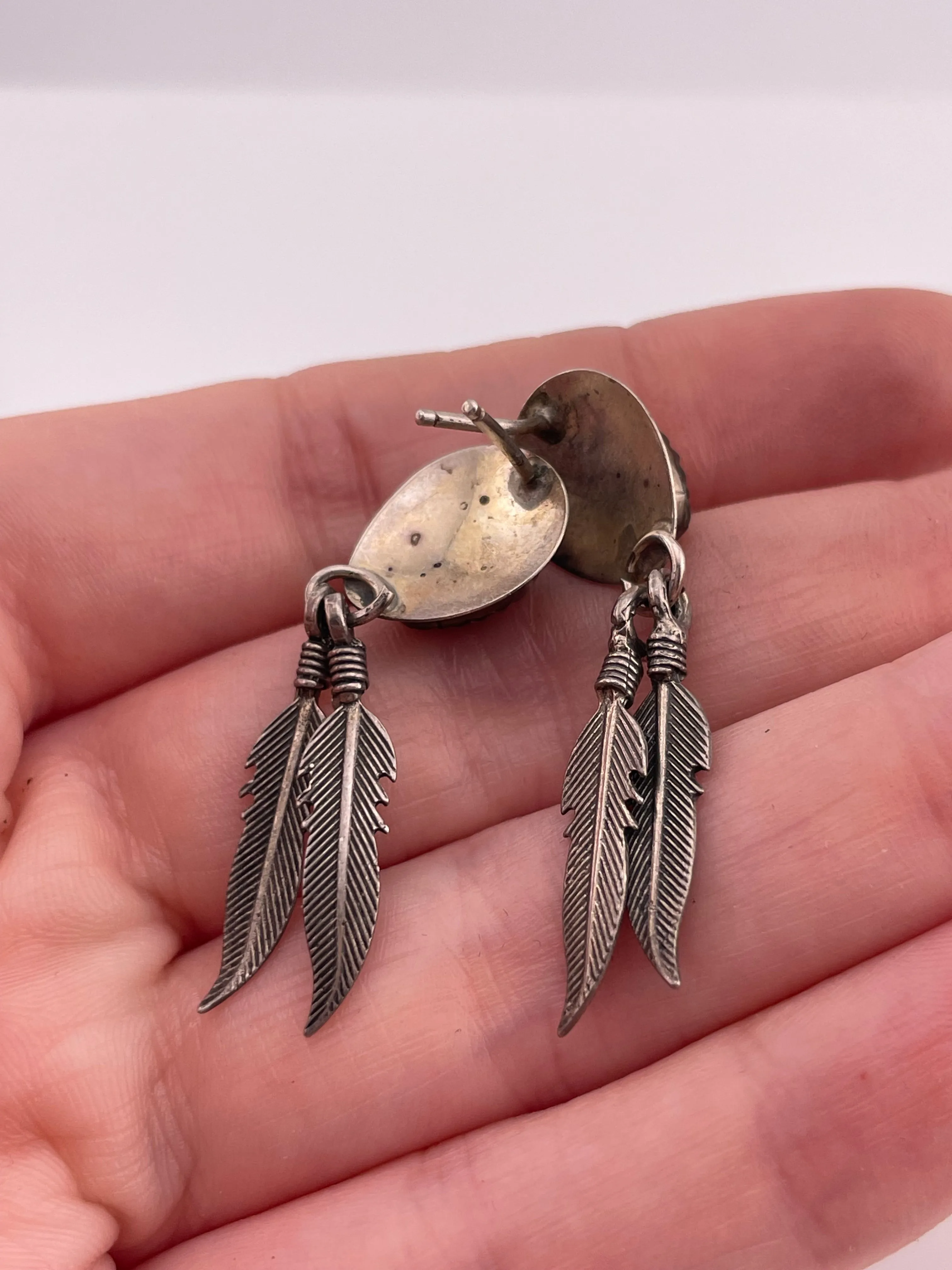 sterling silver multi-stone inlay feather post dangle earrings