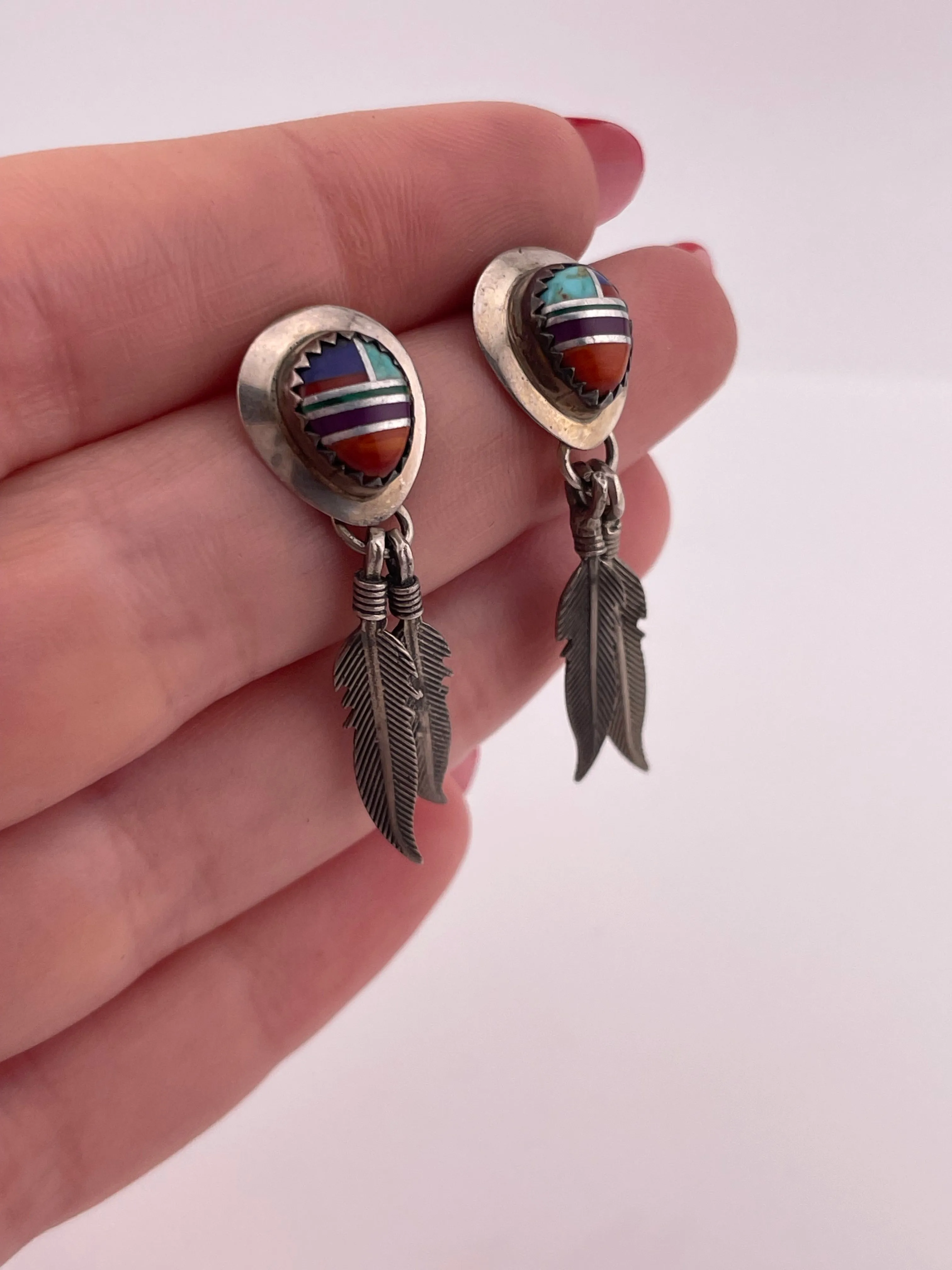 sterling silver multi-stone inlay feather post dangle earrings