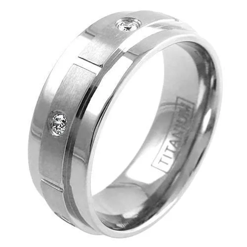 Stunning Dual Finish Mirror Polished Titanium Ring with 6 CZ Accents Around a Satin Finish Chiclet Band.