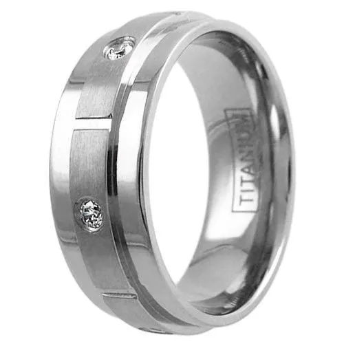 Stunning Dual Finish Mirror Polished Titanium Ring with 6 CZ Accents Around a Satin Finish Chiclet Band.
