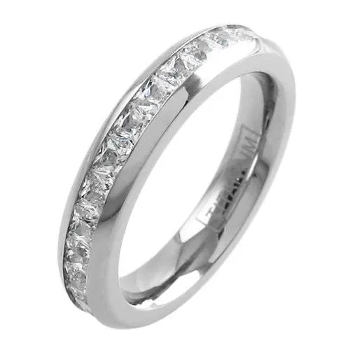 Stunning Mirror Polished Titanium Eternity Ring with Super Bright Princess Cut CZs. Couple Ring