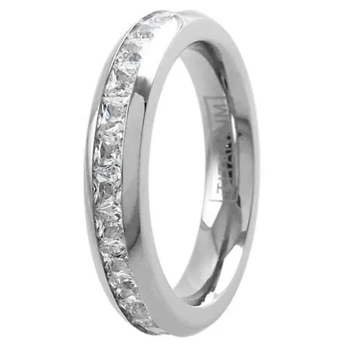 Stunning Mirror Polished Titanium Eternity Ring with Super Bright Princess Cut CZs. Couple Ring