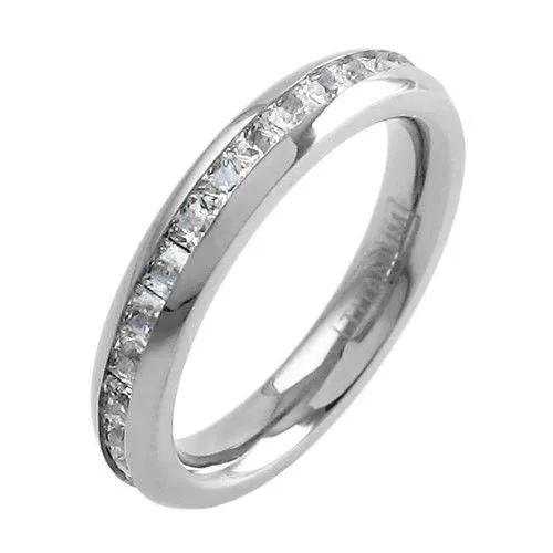Stunning Mirror Polished Titanium Eternity Ring with Super Bright Princess Cut CZs. Couple Ring