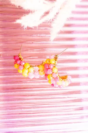 Summer Shades Pink and Yellow Faceted Beaded Goldtone Hoop Earrings