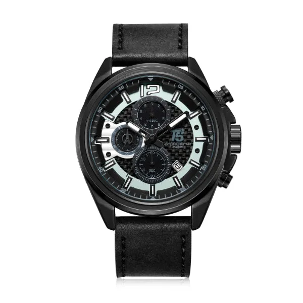 T5 Black Leather Strap Black Dial Chronograph Quartz Watch for Gents - H3704G-B