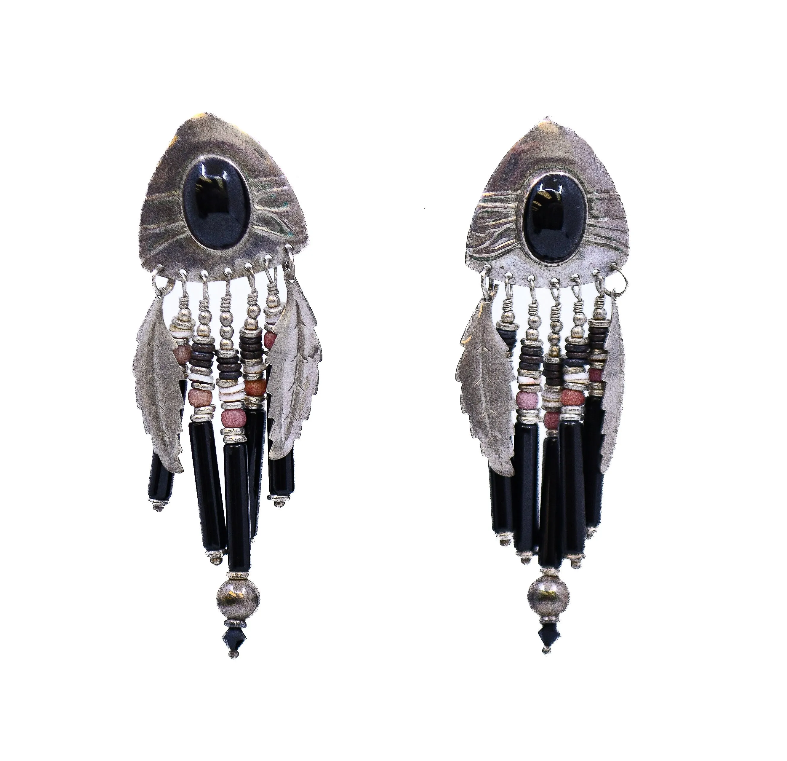 TABRA SILVER ONYX FEATHER BOHO CASCADE WATERFALL DANGLE EARRINGS