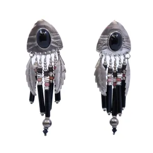 TABRA SILVER ONYX FEATHER BOHO CASCADE WATERFALL DANGLE EARRINGS