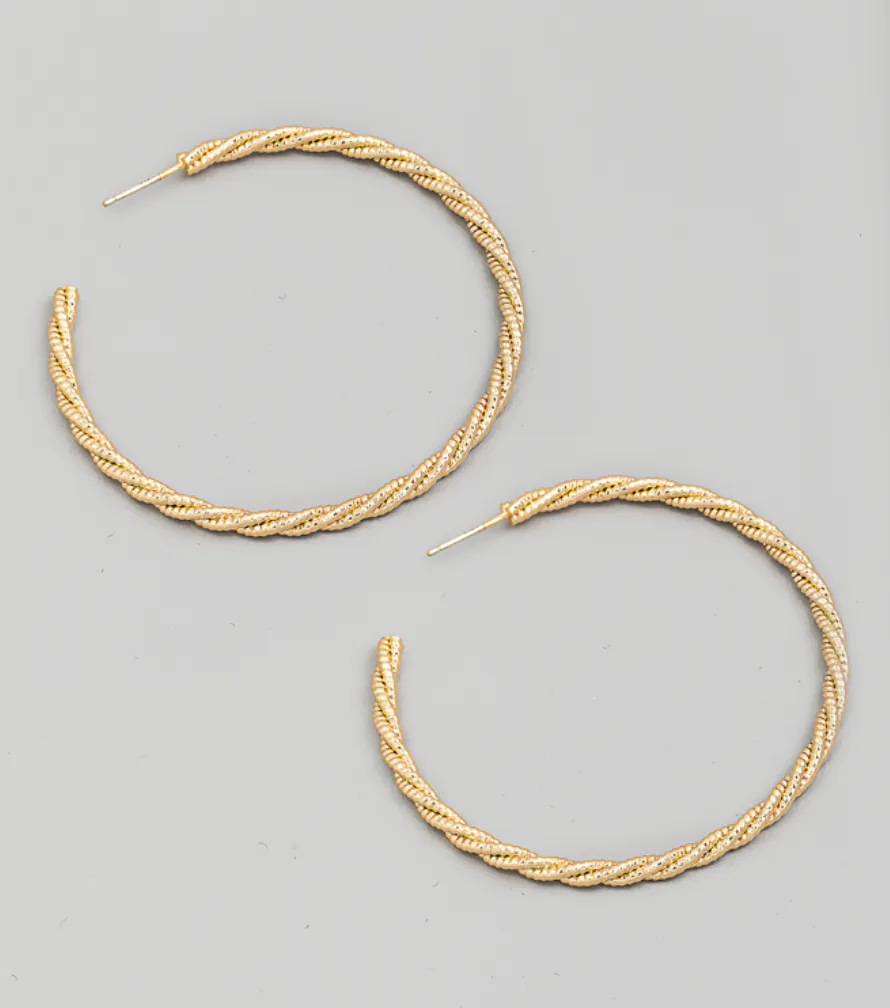 Thin Metallic Beaded Twist Hoop Earrings