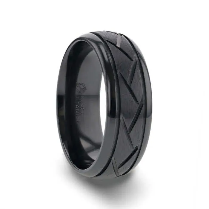 Thorsten JAX Black Titanium Ring with Brushed Cross Alternating Diagonal Cuts Pattern - 8mm