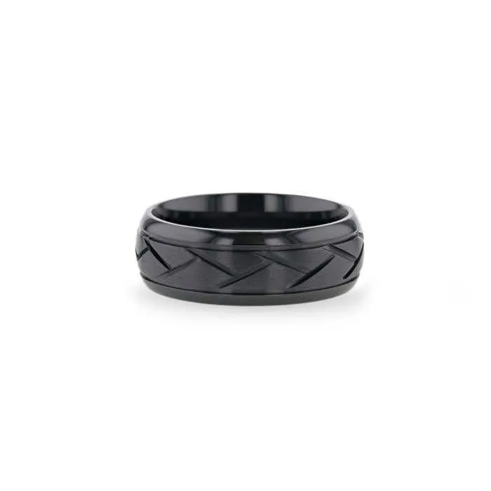 Thorsten JAX Black Titanium Ring with Brushed Cross Alternating Diagonal Cuts Pattern - 8mm