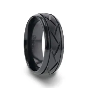 Thorsten JAX Black Titanium Ring with Brushed Cross Alternating Diagonal Cuts Pattern - 8mm