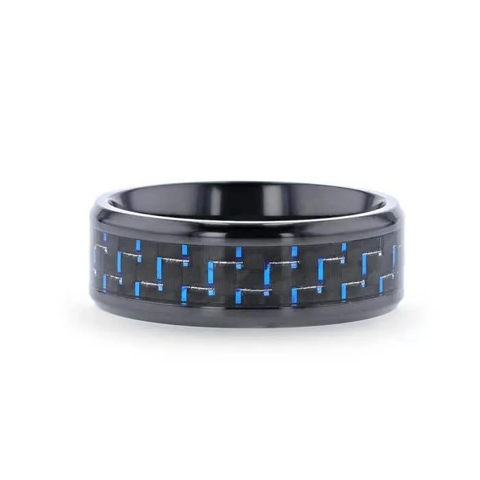 Thorsten ZAYDEN Black Titanium Ring with Blue & Black Carbon Fiber Inlay and Bevels - 8mm