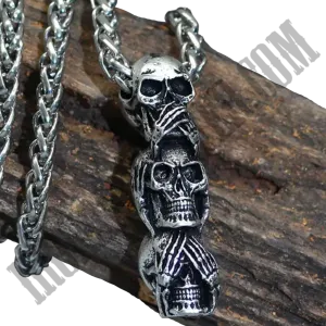 Three Wise Skulls Pendant Necklace