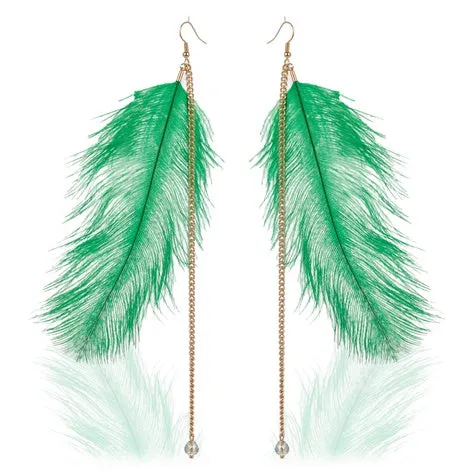 TID | Feather Dangles with gold chain drop  Earrings Green