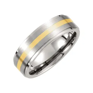 Titanium & 14k Yellow Gold Inlay 7mm Ridged & Satin Finished Band Size 8.5