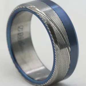 Titanium &  Damascus steel ring-  stainless damasteel titanium ring, mens wedding band, mens rings , blue ring, wedding rings